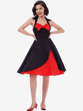 Красный и черный сексуальный узел V шеи Холтер ну вечеринку винтажное платье женщины Pin Up Fit и расклешенные элегантные платья миди
