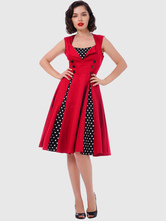 Vestido vintage de algodón mezclado rojo con escote cuadrado sin mangas con estampado con botones de moda
