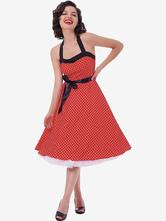 Polka Dot Vintage Dresses Halter Bows Backless Cotton Retro Pin Up Dress