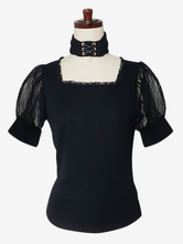 Gothic Lolita Blouse Square Neck Short Sleeve Pleated Black Lolita Top