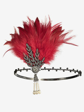 1920s Great Gatsby Accessory Flapper Headband Red Feathers Rhinestone Hairpiece