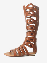 Women's Knee High Gladiator Sandals Open Toe Flat Sandals with Studs