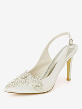 Sapatos de casamento branco cetim dedo do pé apontado strass sapatos de salto agulha