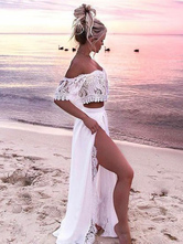 Women White Beachwear Two Piece Set Off The Shoulder Lace Bardot Top With Maxi Skirt