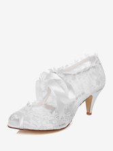 Zapatos de novia de encaje 6.5cm Zapatos de Fiesta Zapatos blanco de tacón de kitten Zapatos de boda de punter Peep Toe con cinta
