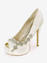 Zapatos de novia de satén 12.5cm Zapatos de Fiesta Zapatos marfil de tacón de stiletto Zapatos de boda de punter Peep Toe con pedrería 2.5cm