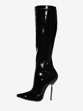 ブラックニーハイブーツ女性のセクシーな靴ポインテッドトゥブライトレザーハイヒールブーツ