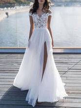 A Linie Brautkleid Weiß Tüll mit Carmenausschnitt Kurzarm A Linie Hochzeitskleid