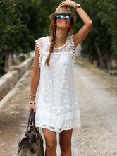 Sommerkleider Weiß Damenmode mit Rundkragen Baumwolle ärmellos Bohemian Kleider Kleider Sommerkleid im Boho-Style überdimensional und Spitzen