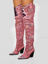 Botas femininas ocidentais com padrão de cobra bico fino sobre o joelho botas de couro com salto grosso na coxa