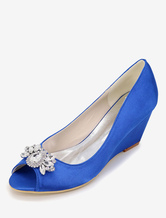 Zapatos de novia de satén 6.5cm Zapatos de Fiesta Zapatos azul de tacón de cuña Zapatos de boda de punter Peep Toe con pedrería