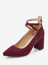 Pointed Toe Chunky Heels Suede Burgundy Crisscross Pumps For Women