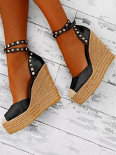 Black Wedge Sandals Round Toe Platform Rivets Ankle Strap Espadrilles For Women