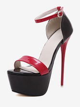 Zapatos de plataforma 2024 sexy rojo Zapatos abiertos de sandalias con correa de tobillo en el dedo del pie alto Sandalias de tacón bajo