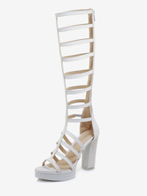 Women's White Gladiator Sandals Open Toe Chunky Heel Strappy Sandals