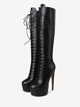 de de puntera redonda Botas altas mujer negro botas altas negras 16cm de tacón de stiletto Color liso Otoño Primavera con cinta