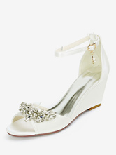 Chaussures de mariage perles de satin ivoire bout ouvert bride à la cheville talon compensé chaussures de mariée
