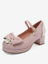 Sweet Lolita Pumps Pink Bows Pearl aus PU-Leder mit dickem Absatz und Lolita-Schuhen