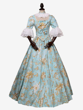 Victorian Dress Costume Women's Light Sky Blue Rococo Retro Floral Print Marie Antoinette Victorian era Style Vintage Clothing