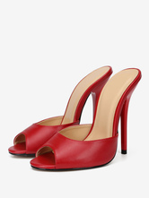 Women's Stiletto Heel Peep Toe Mule Heels in Red Vegan Leather
