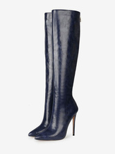 Womens Knee High Boots Navy Blue Pointed Toe PU Leather Stiletto Heeled Boots