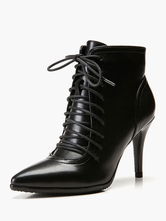 Botas de tornozelo pretas femininas bico fino com cadarço botas de salto alto
