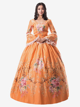 Victorian Dress Costume Women's Orange Trumpet long Sleeves Ruffle Floral Print Victorian Era Style Set Vintage Clothing Halloween