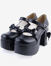 Lolitashow Matte Black Lolita Chunky Heels Shoes Platform Bows Decor Buckle