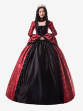 Victorian Dress Costume Women's Ture Red Trim Ruffle Floral Print Victorian Era Style Set Matte Satin Ball with Choker Vintage Clothing Halloween