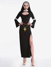 A freira das mulheres do poliéster da capa do vestido do preto do traje do Dia das Bruxas ajustou trajes dos feriados do carnaval Halloween