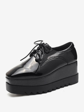 Zapatos con cordones de plataforma con tacón de cuña de oxfords negros Zapatillas de deporte con punta cuadrada para mujer