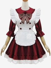 Mädchen Stil Lolita OP Kleid Rüsche Bow Button Decor Burgund Lolita Einteiliges Kleid