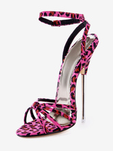 Chic sandales à talons aigus en tissu rose à motif léopard
