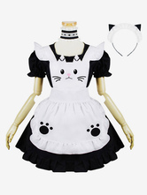 Maiden Style Lolita Outfit Kitten Lolita Set con cuello en U con volantes en negro de 4 piezas