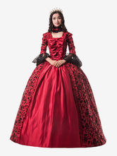 Victorian Dress Costume Women's Ture Red Trim Ruffle Floral Print Victorian Era Style Set Matte Satin Ball with Choker Vintage Clothing Halloween