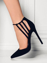Zapatos de tacón de puntera puntiaguada Cuero con apariencia suave negros Color liso de tacón de stiletto 