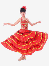 Kids Belly Dance Costumes Red Layered Billowing Flamenco Dress Paso Doble Dress Spanish Skirt for Girls Carnival