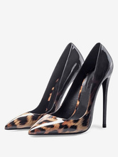 Sapatos de salto alto de poliuretano com estampa de leopardo de salto agulha feminino de bico fino