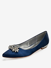 Zapatos de novia de satén 2cm Zapatos de Fiesta Zapatos Azul marino oscuro   Plana Zapatos de boda de puntera puntiaguada con pedrería