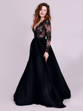Gothic Black Wedding Dresses A-Line Designed Neckline Long Sleeves Tulle Lace Sweep Bridal Gown Free Customization