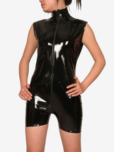 Black Sleeveless Shiny Metallic Fabric Shorts Style Front zip Catsuit For Women