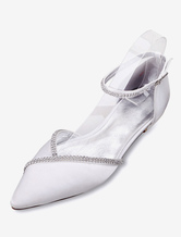 Белая свадебная обувь атласная с указательным пальцем ноги стразы лодыжки ремень плоские свадебные туфли