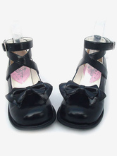 Lolitashow Zapatos de lolita de PU negro con lazo y tiras cruzadas 