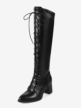 Knee High Boots Womens Solid Color Lace Up Pointed Toe Chunky Heel Boots
