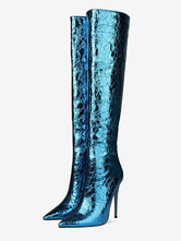 Frauen kniehohe Stiefel schillernde blaue spitze Zehe Pfennigabsatz Nachtclub High Heel Damenstiefel