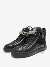 Men's Black Snakeskin Lace Up High Top Sneakers with Zipper