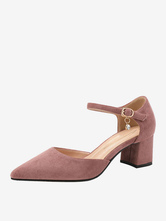 Women Mid-Low Heels Pointed Toe Chunky Heel Slip-On Fantastic Metal Details Suede Leather Soft Pink Pumps