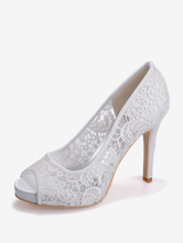 Zapatos de boda Zapatos de novia de tacón de aguja con punta abierta blanca de encaje
