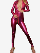 Morph Suit Sexy Rose Red Shiny Metallic Fabric Catsuit with Front Zipper Full Body Suit