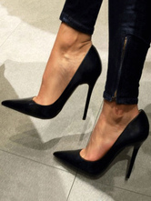 Zapatos de tacón de puntera puntiaguada de satén negros Color liso de tacón de stiletto 